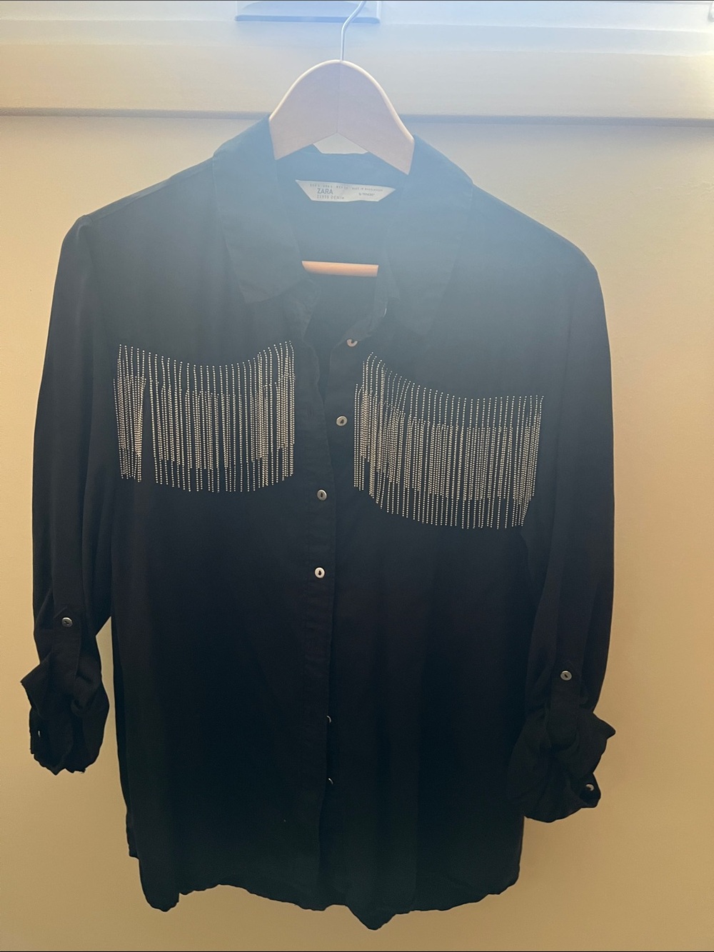 Zara Black Button-Down Shirt with Silver Fringe Accents